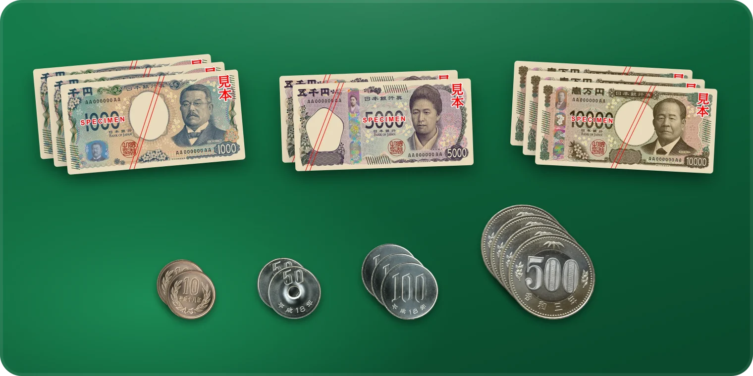 A Money Guessr table in Japanese yen: three ¥1,000 notes, two ¥5,000s and three ¥10,000s above two ¥10 coins, two ¥50s, three ¥100s and four ¥500s.