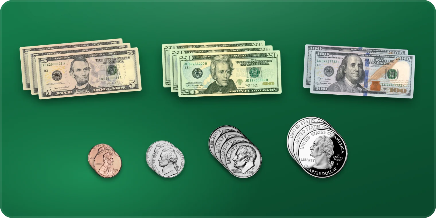 A Money Guessr table in US dollars: three $5 bills, three $20s and two $100s above two pennies, two nickels, four dimes and three quarters.